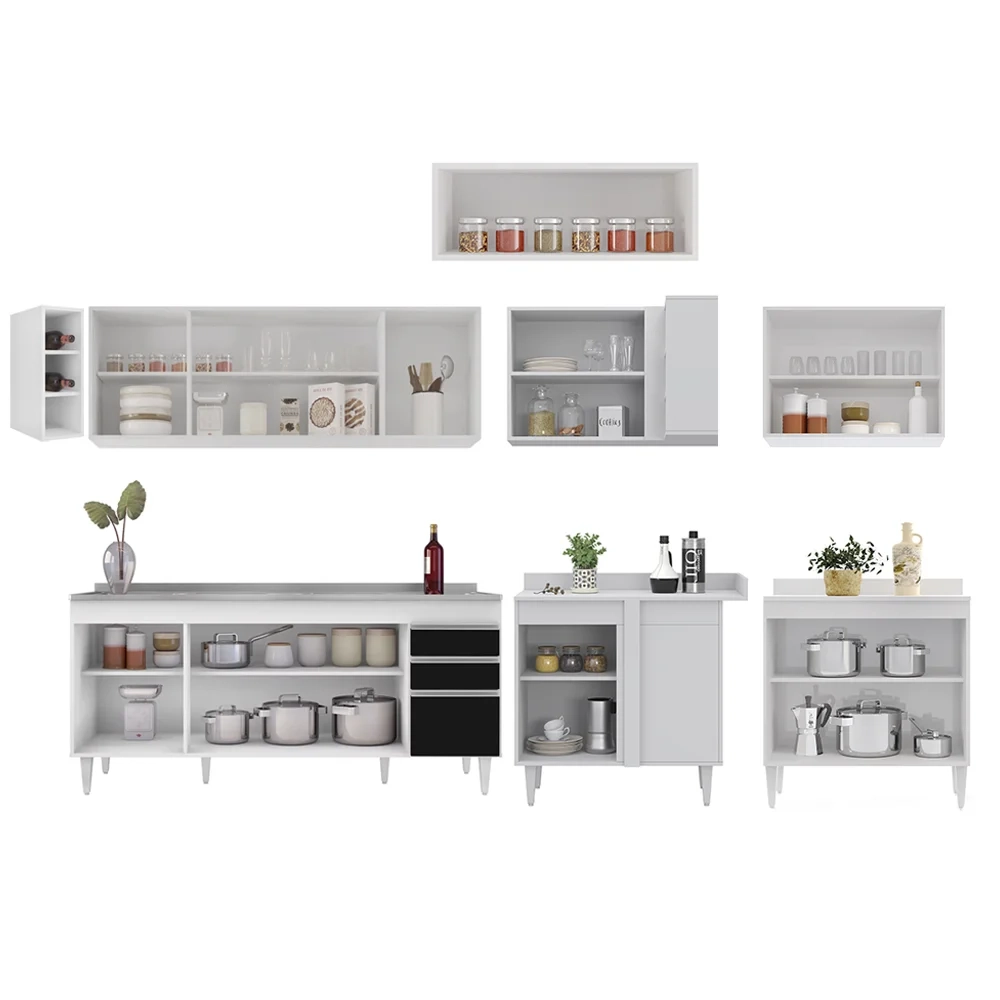 Armário de Cozinha Modulado de Canto 8 Peças CP27 com Pia Inox Branco/Preto - Lumil