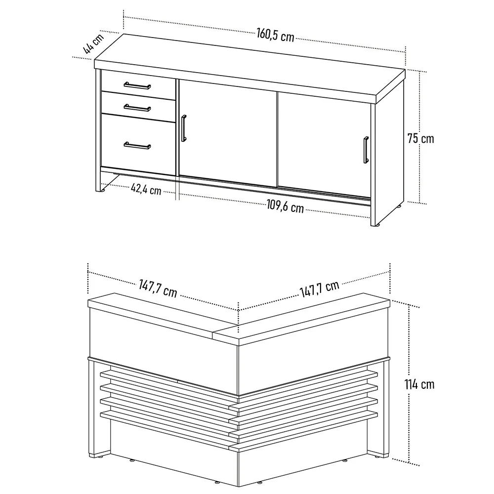 Conjunto Balcão Recepção em L e Balcão 2 Portas 3 Gavetas Corp A06 Olmo/Branco - Mpozenato