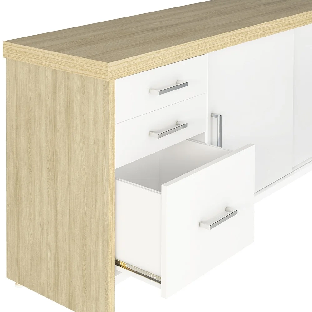 Conjunto Balcão Recepção em L e Balcão 2 Portas 3 Gavetas Corp A06 Olmo/Branco - Mpozenato