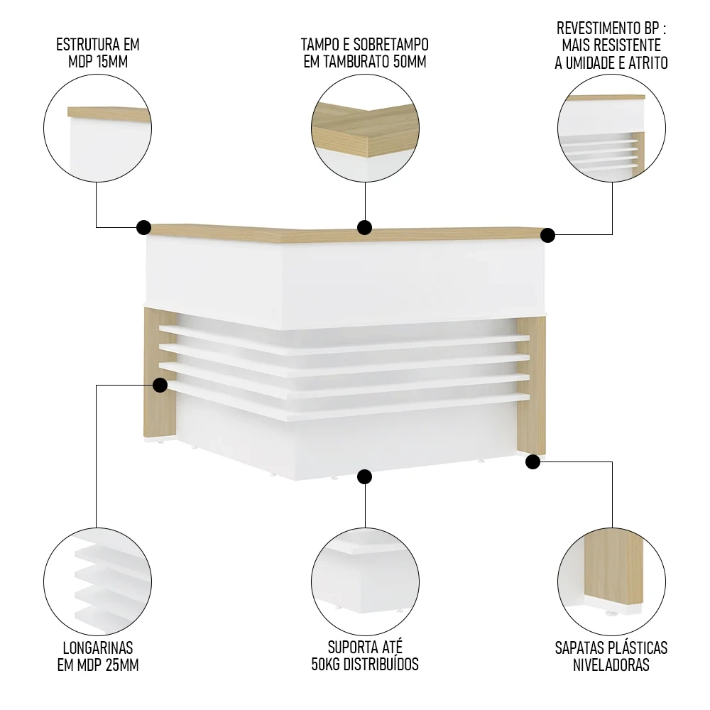 Conjunto Balcão Recepção em L e Balcão 2 Portas 3 Gavetas Corp A06 Olmo/Branco - Mpozenato