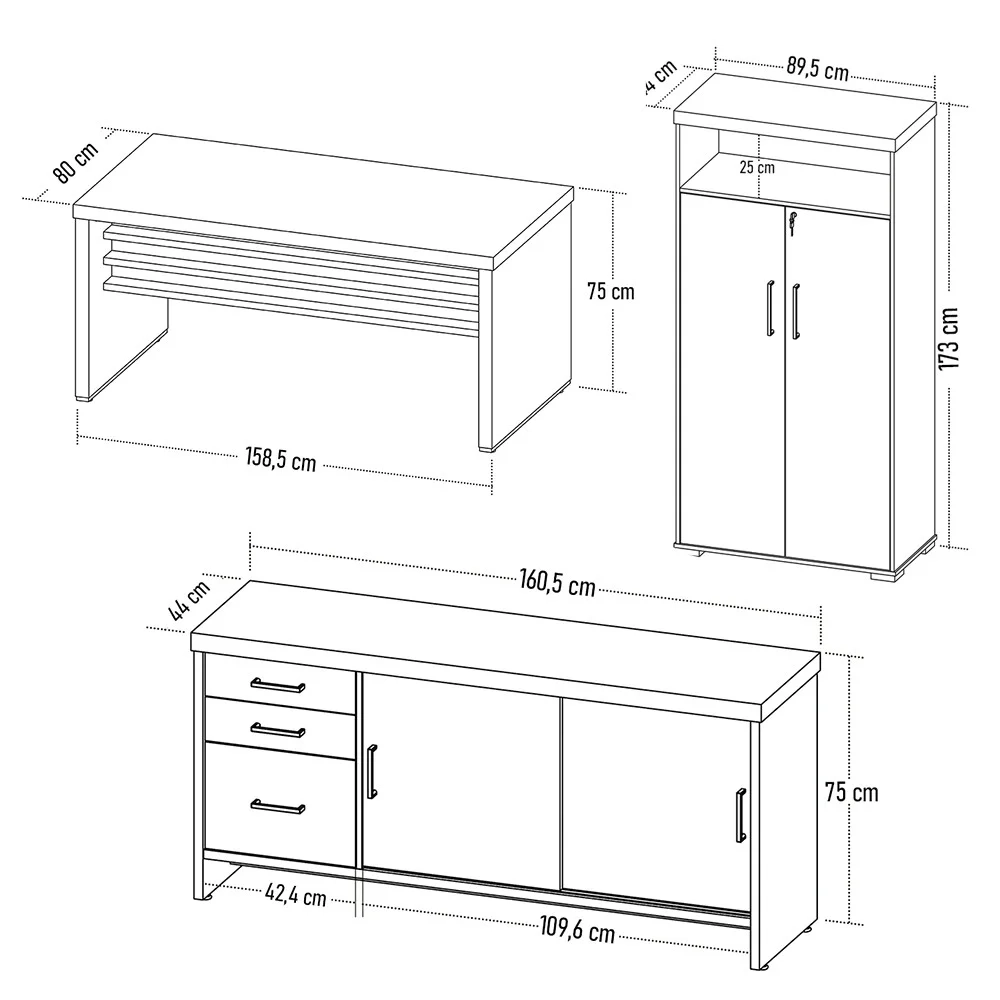 Conjunto Escritório 3 Peças Mesa 158cm Corp A06 Charuto/Preto - Mpozenato