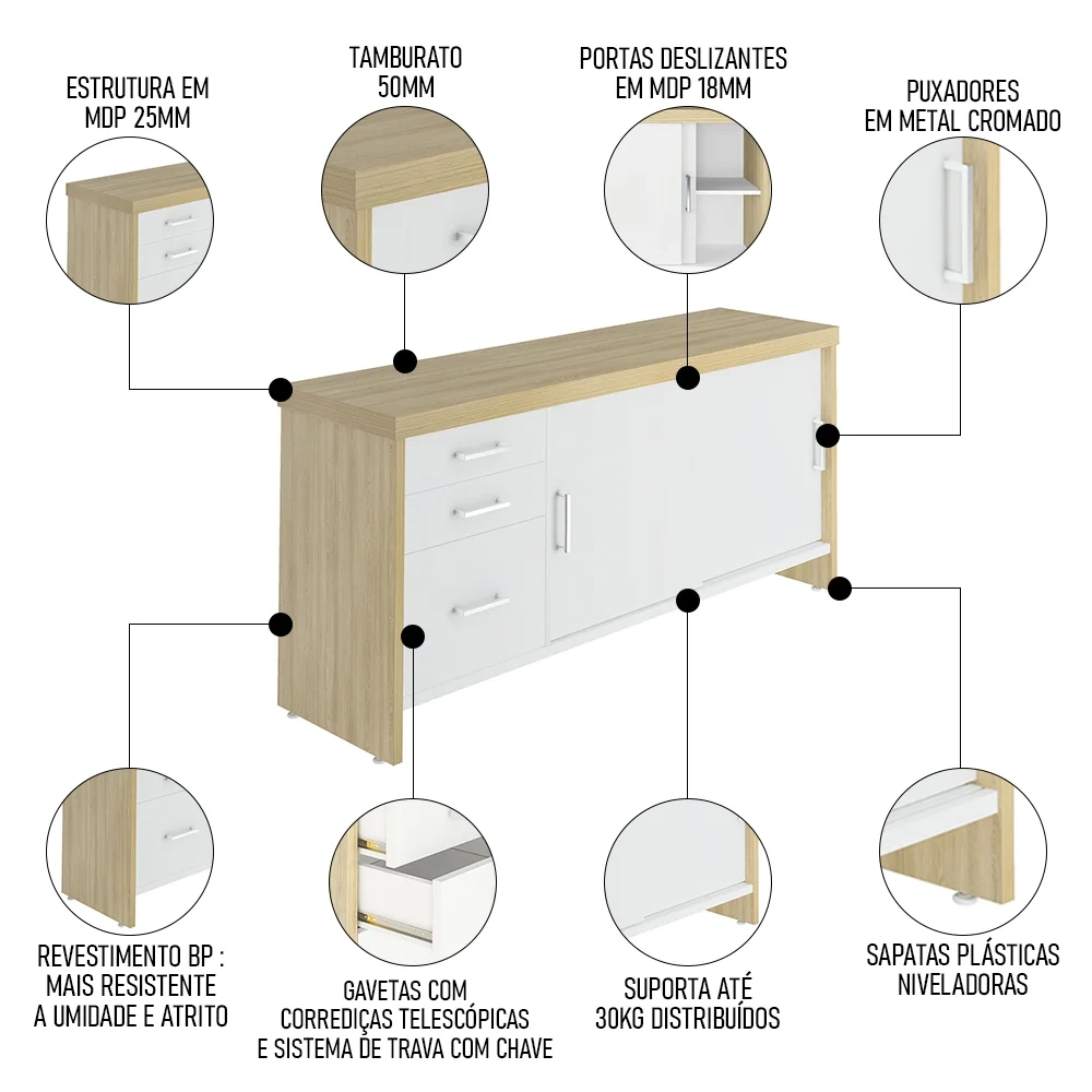 Conjunto Escritório 3 Peças Mesa 158cm Corp A06 Carvalho/Branco - Mpozenato