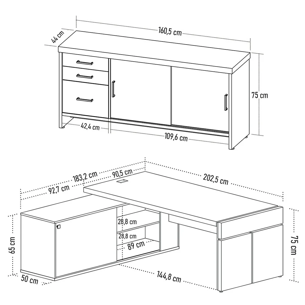 Mesa Escritório em L e Balcão 2 Portas 3 Gavetas Corp A06 Charuto/Preto - Mpozenato