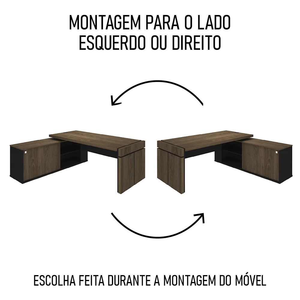 Mesa Escritório em L e Balcão 2 Portas 3 Gavetas Corp A06 Charuto/Preto - Mpozenato