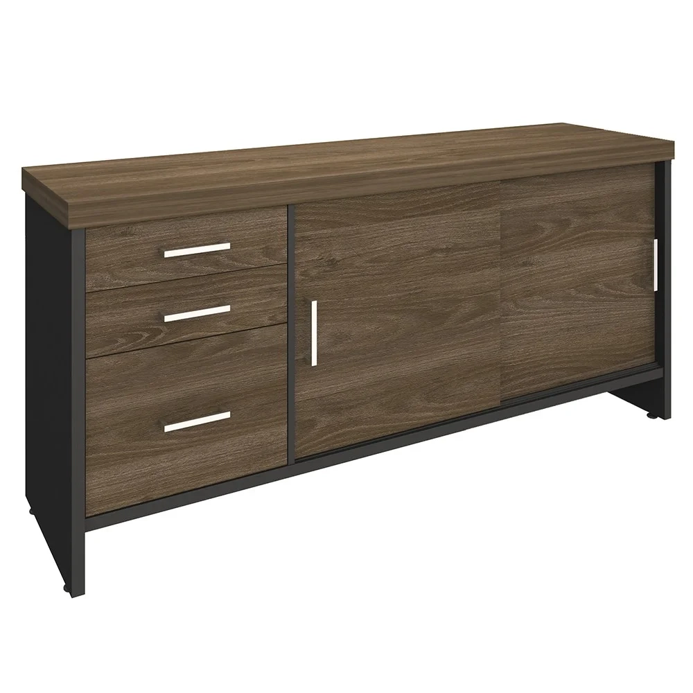 Mesa Escritório em L e Balcão 2 Portas 3 Gavetas Corp A06 Charuto/Preto - Mpozenato