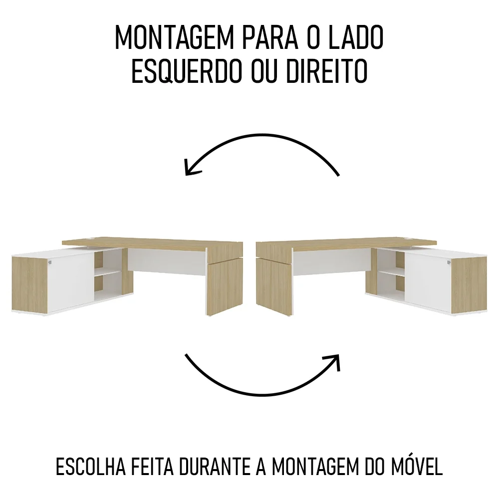 Mesa Escritório em L e Balcão 2 Portas 3 Gavetas Corp A06 Carvalho/Branco - Mpozenato