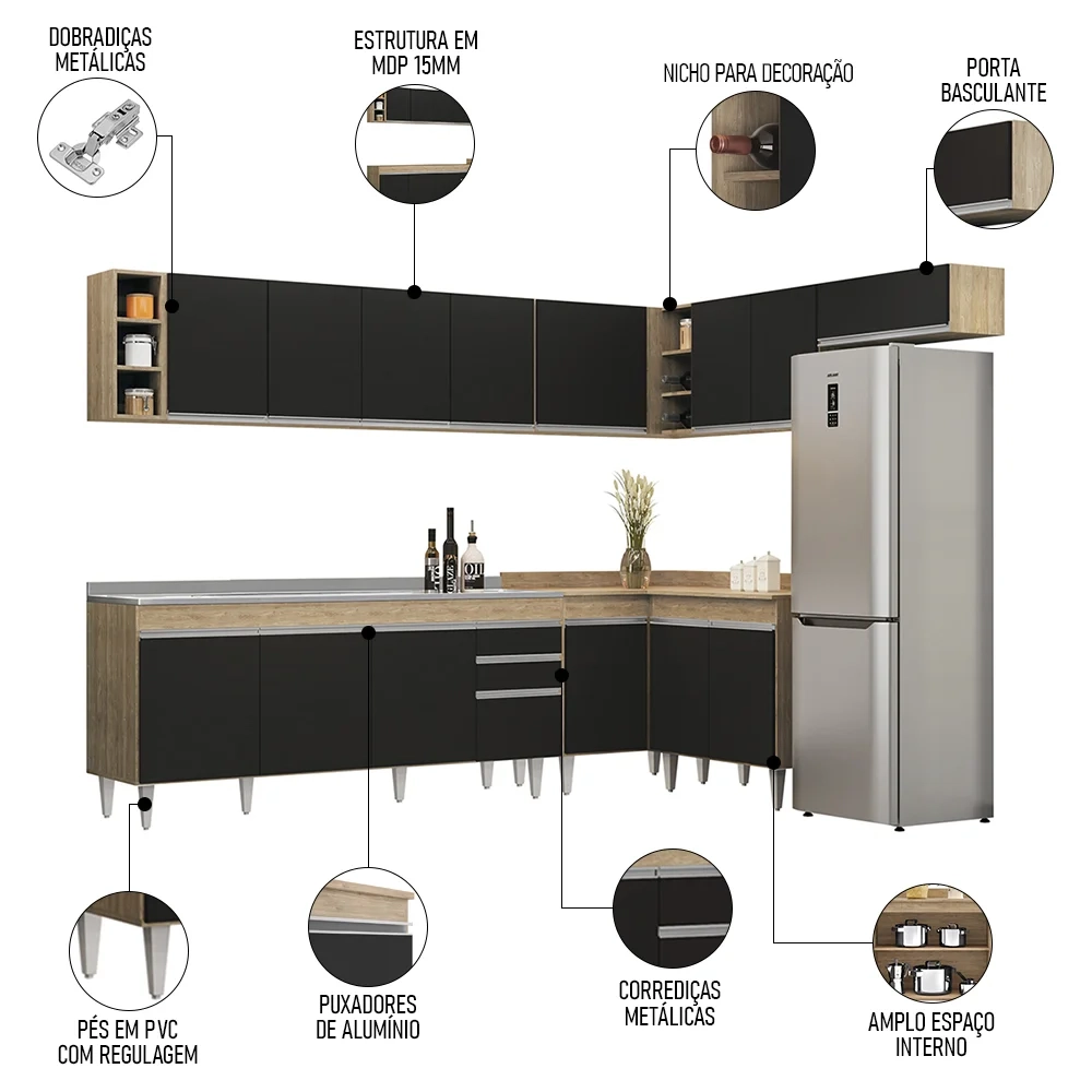Armário de Cozinha Modulado de Canto 8 Peças CP27 com Pia Inox Castanho/Preto - Lumil