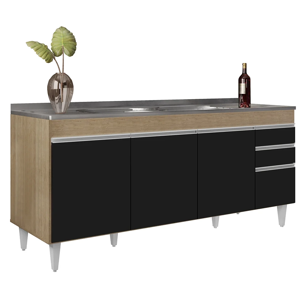 Armário de Cozinha Modulado de Canto 8 Peças CP27 com Pia Inox Castanho/Preto - Lumil