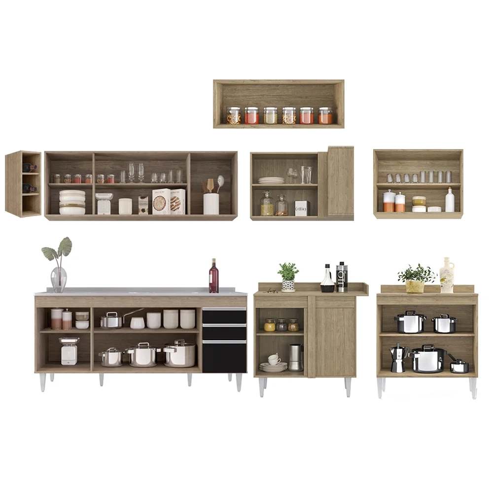 Armário de Cozinha Modulado de Canto 8 Peças CP27 com Pia Inox Castanho/Preto - Lumil