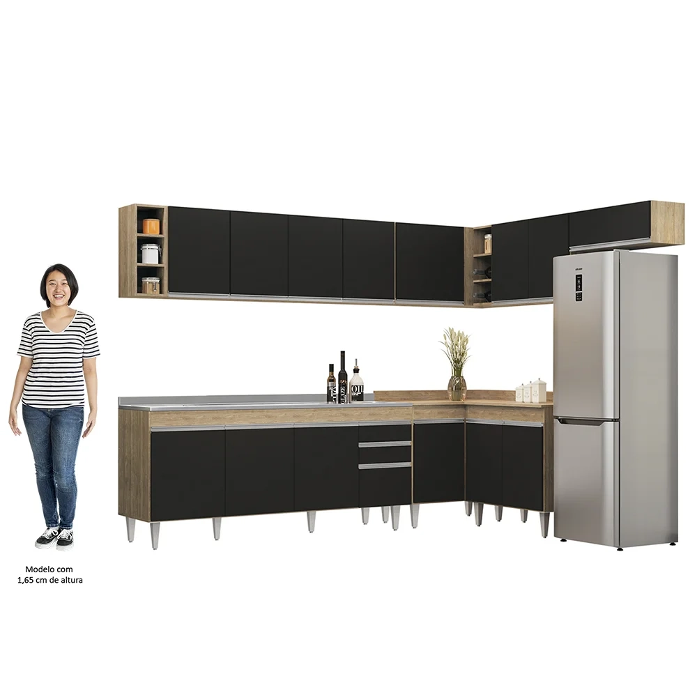 Armário de Cozinha Modulado de Canto 8 Peças CP27 com Pia Inox Castanho/Preto - Lumil