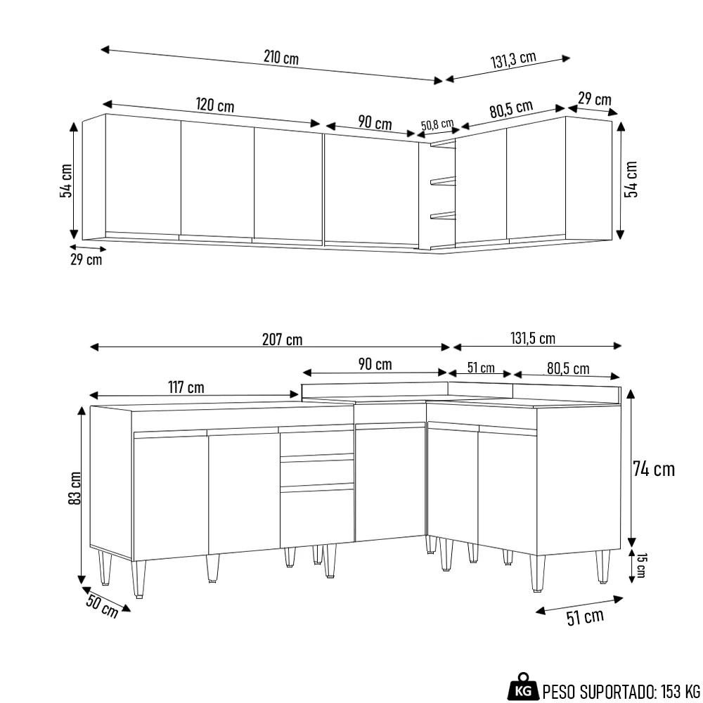 Armário de Cozinha Modulado de Canto 6 Peças CP28 Balcão sem Tampo Branco - Lumil