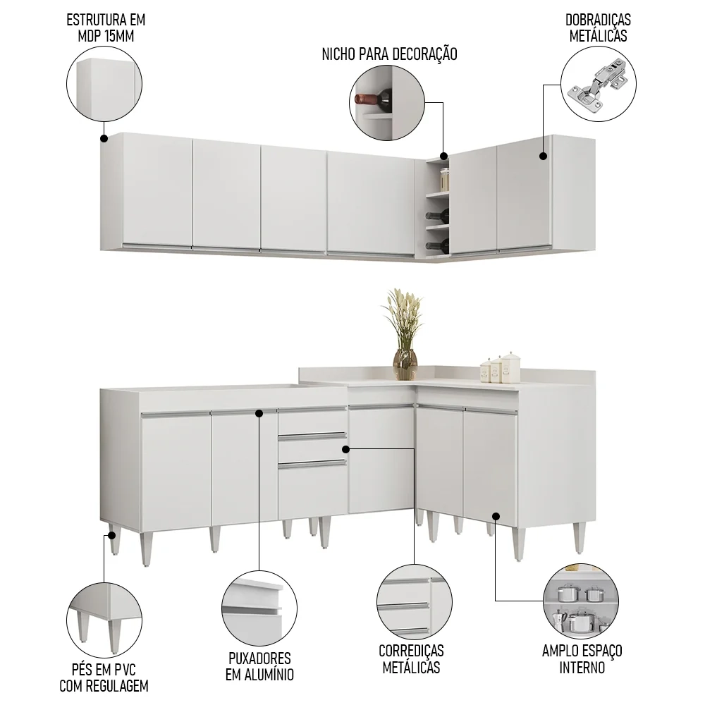 Armário de Cozinha Modulado de Canto 6 Peças CP28 Balcão sem Tampo Branco - Lumil