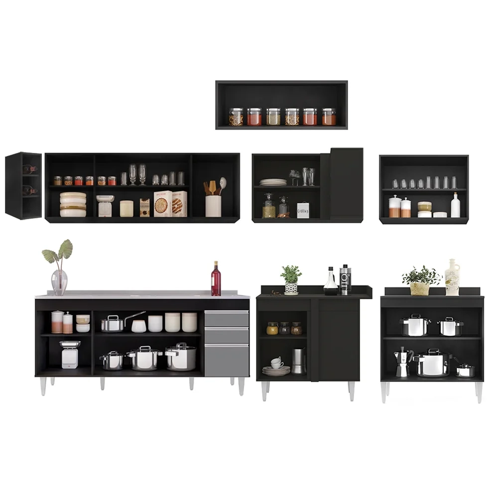 Armário de Cozinha Modulado de Canto 8 Peças CP27 com Pia Inox Preto/Cinza - Lumil