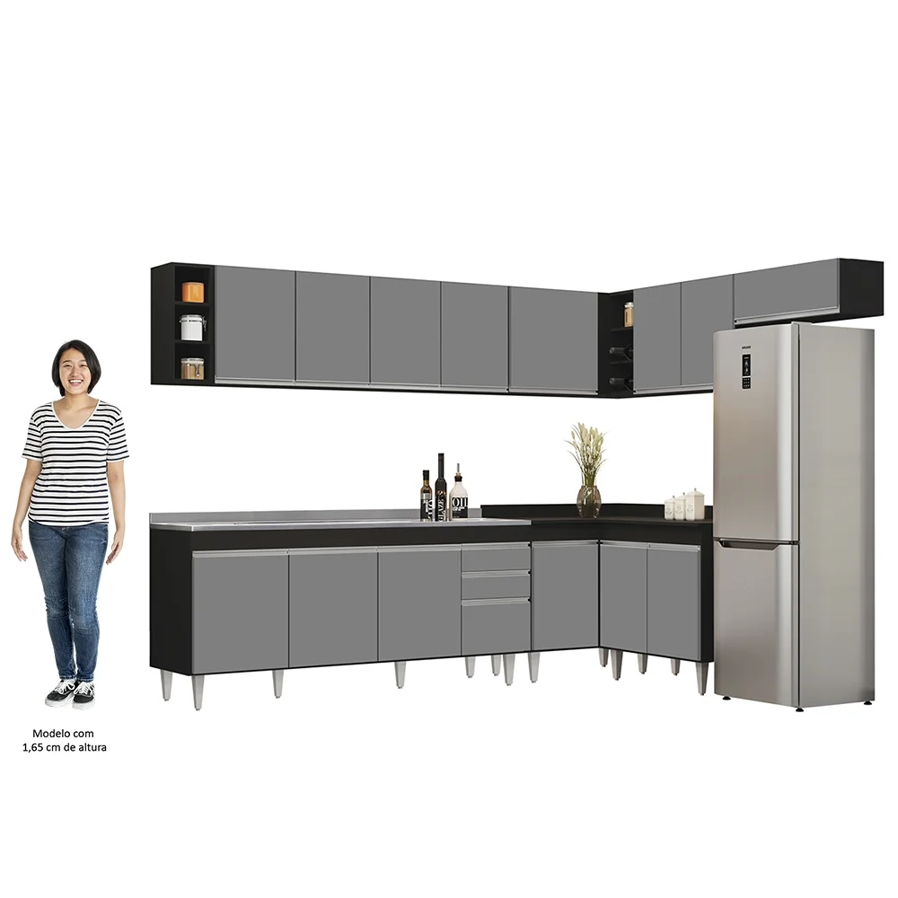 Armário de Cozinha Modulado de Canto 8 Peças CP27 com Pia Inox Preto/Cinza - Lumil