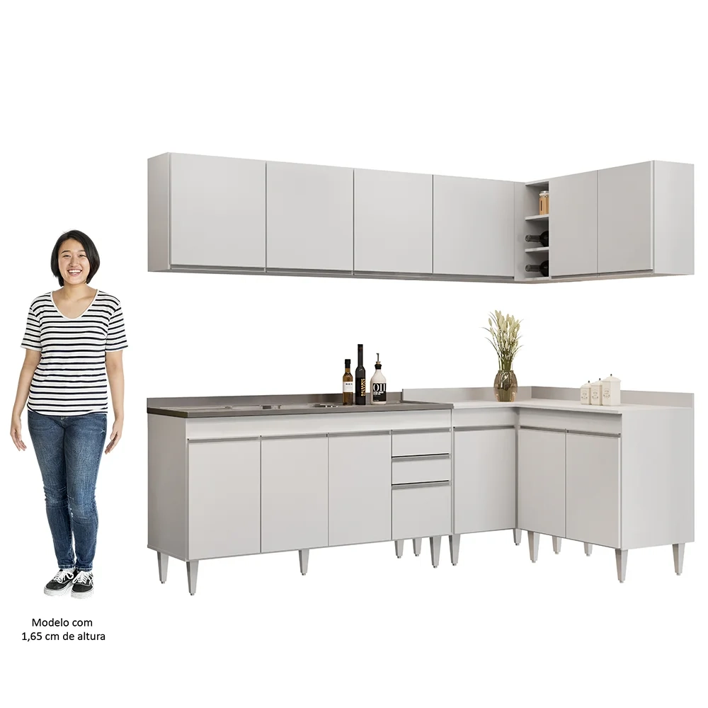 Armário de Cozinha Modulado de Canto 6 Peças CP33 com Pia Inox Branco - Lumil
