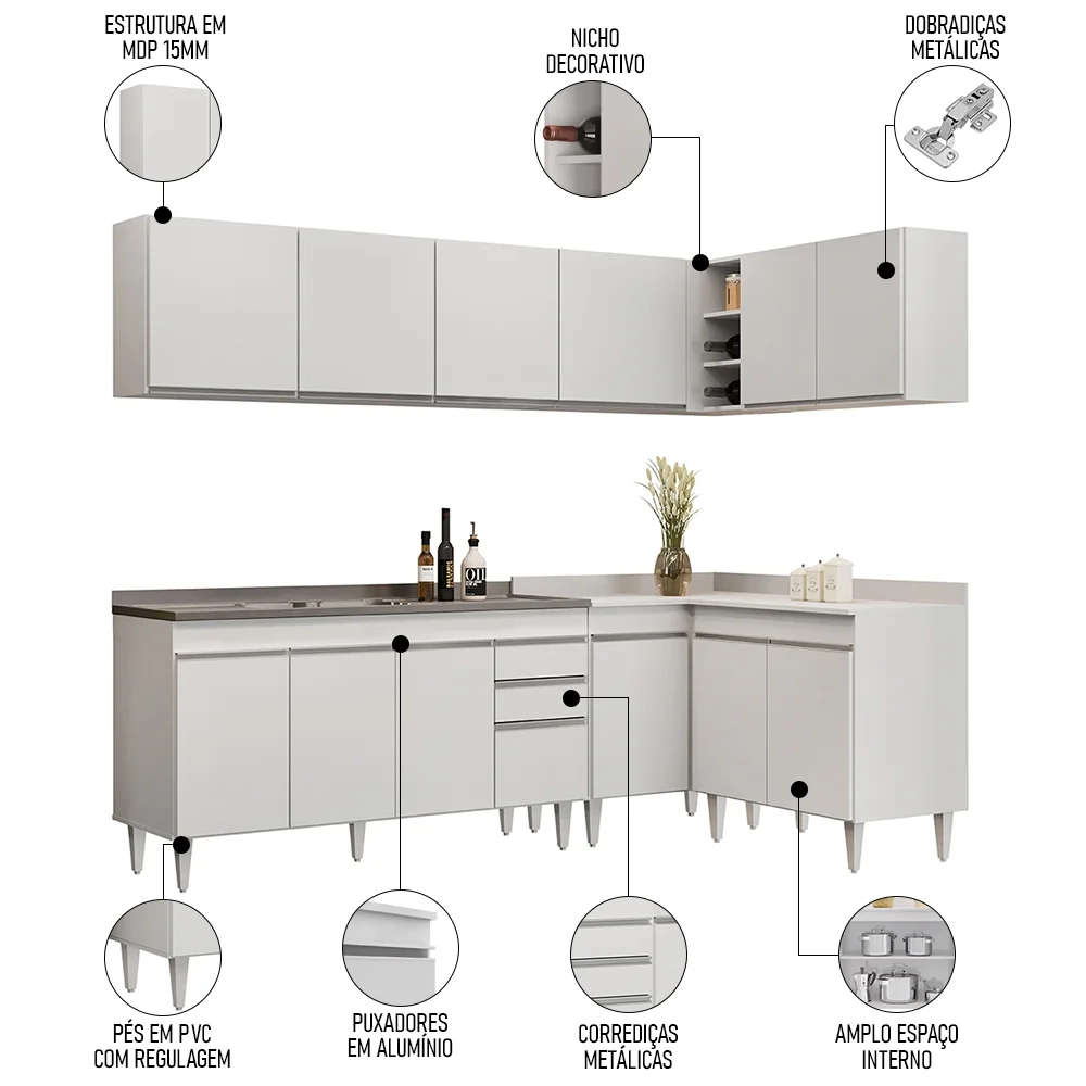Armário de Cozinha Modulado de Canto 6 Peças CP33 com Pia Inox Branco - Lumil