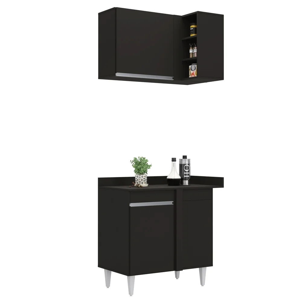 Armário de Cozinha Modulado de Canto 6 Peças CP33 com Pia Inox Preto - Lumil