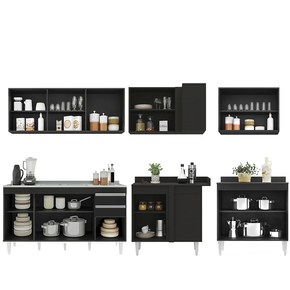 Armário de Cozinha Modulado de Canto 6 Peças CP33 com Pia Inox Preto - Lumil