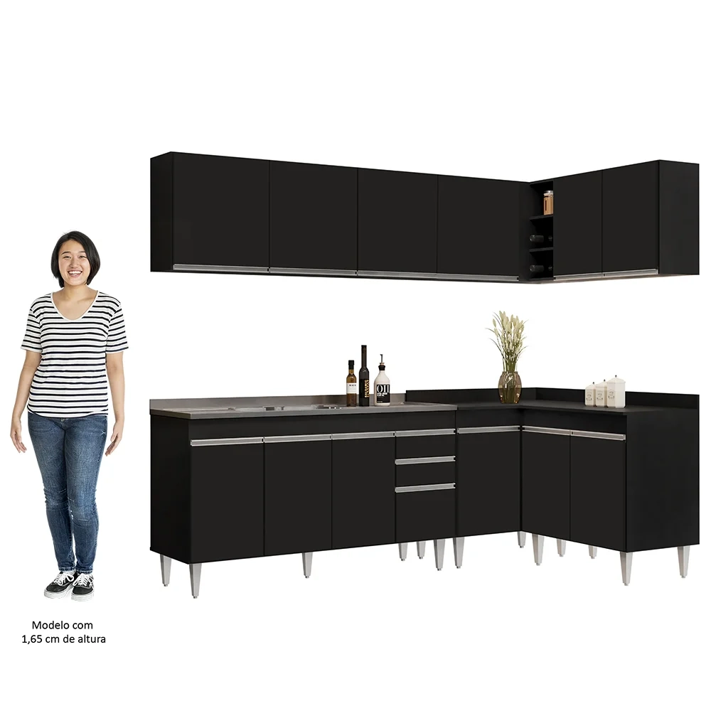 Armário de Cozinha Modulado de Canto 6 Peças CP33 com Pia Inox Preto - Lumil