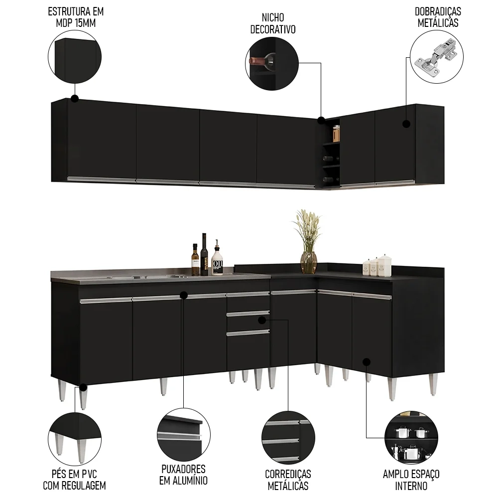 Armário de Cozinha Modulado de Canto 6 Peças CP33 com Pia Inox Preto - Lumil