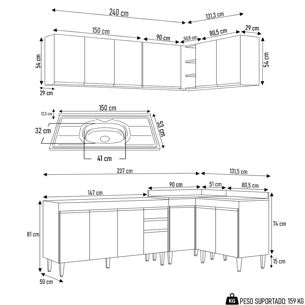 Armário de Cozinha Modulado de Canto 6 Peças CP33 com Pia Inox Preto - Lumil