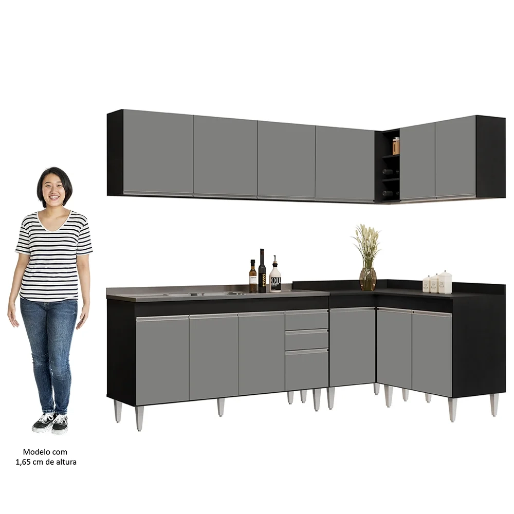 Armário de Cozinha Modulado de Canto 6 Peças CP33 com Pia Inox Preto/Cinza - Lumil