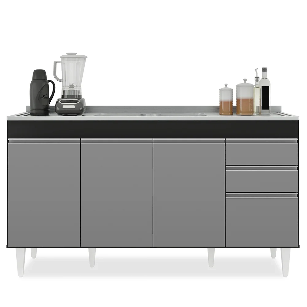 Armário de Cozinha Modulado de Canto 6 Peças CP33 com Pia Inox Preto/Cinza - Lumil