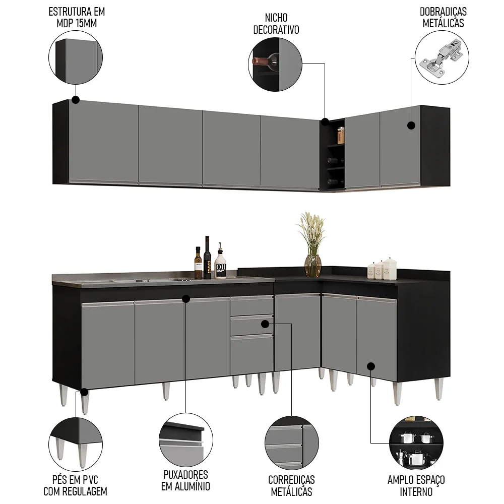 Armário de Cozinha Modulado de Canto 6 Peças CP33 com Pia Inox Preto/Cinza - Lumil