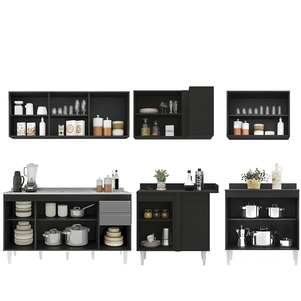 Armário de Cozinha Modulado de Canto 6 Peças CP33 com Pia Inox Preto/Cinza - Lumil