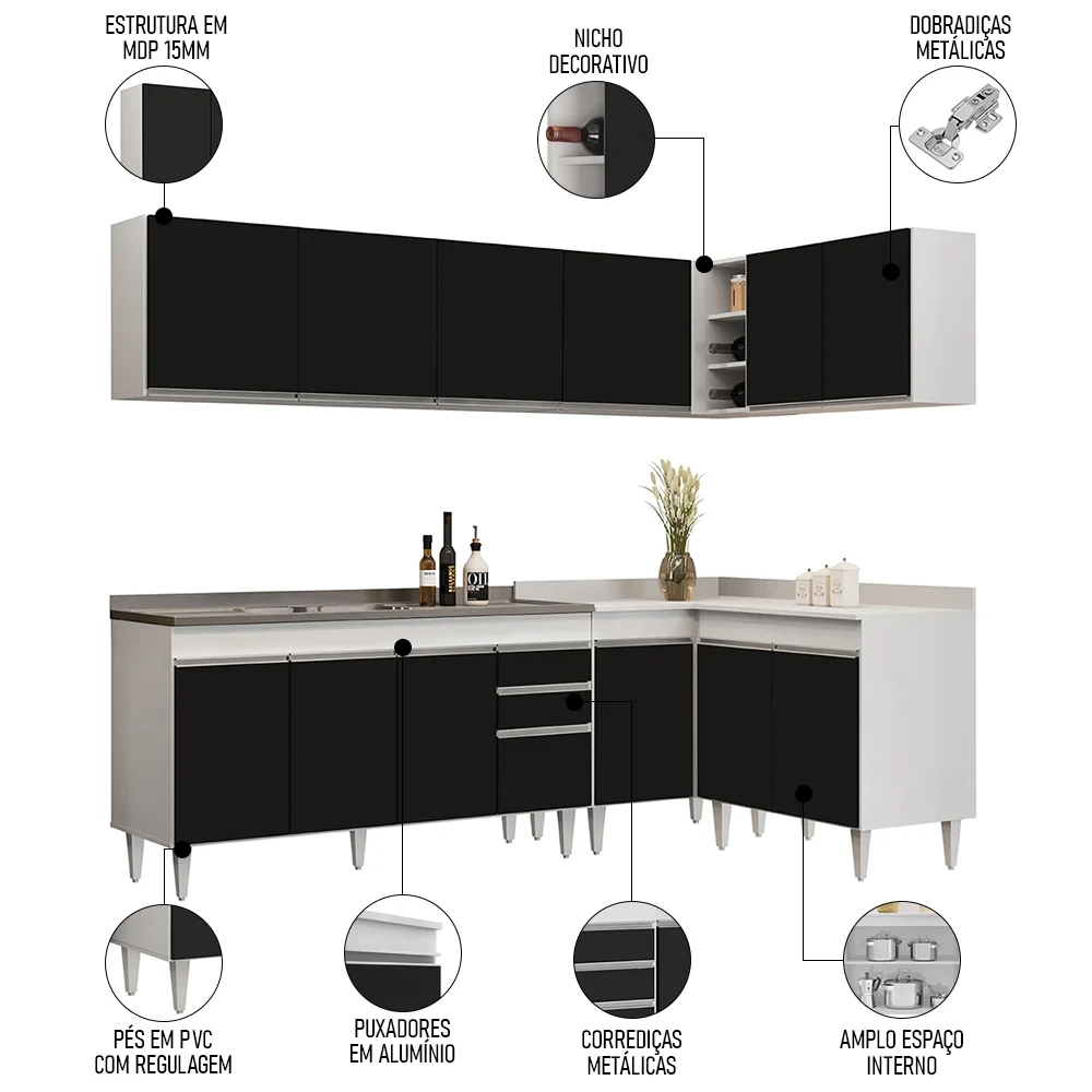Armário de Cozinha Modulado de Canto 6 Peças CP33 com Pia Inox Branco/Preto - Lumil