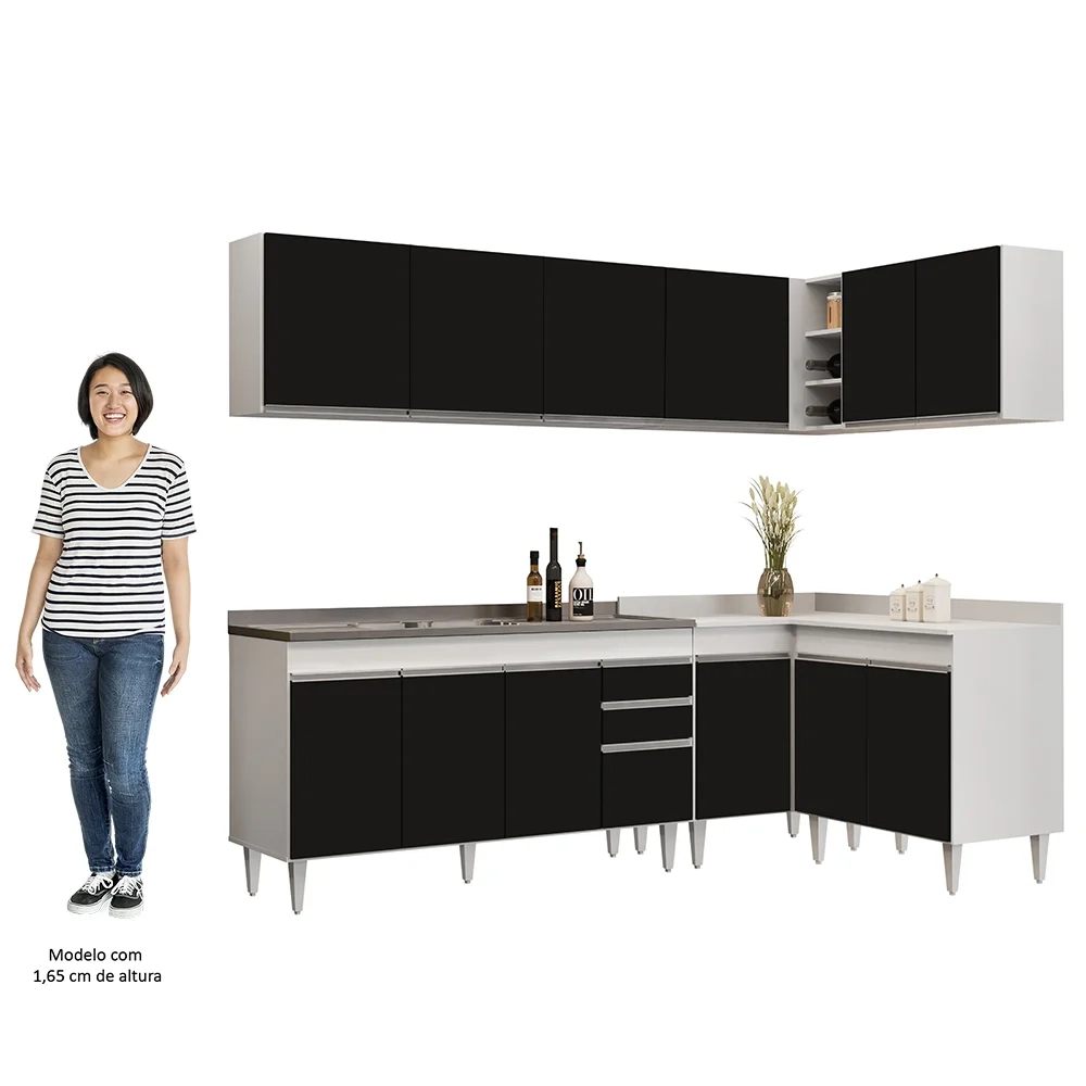 Armário de Cozinha Modulado de Canto 6 Peças CP33 com Pia Inox Branco/Preto - Lumil