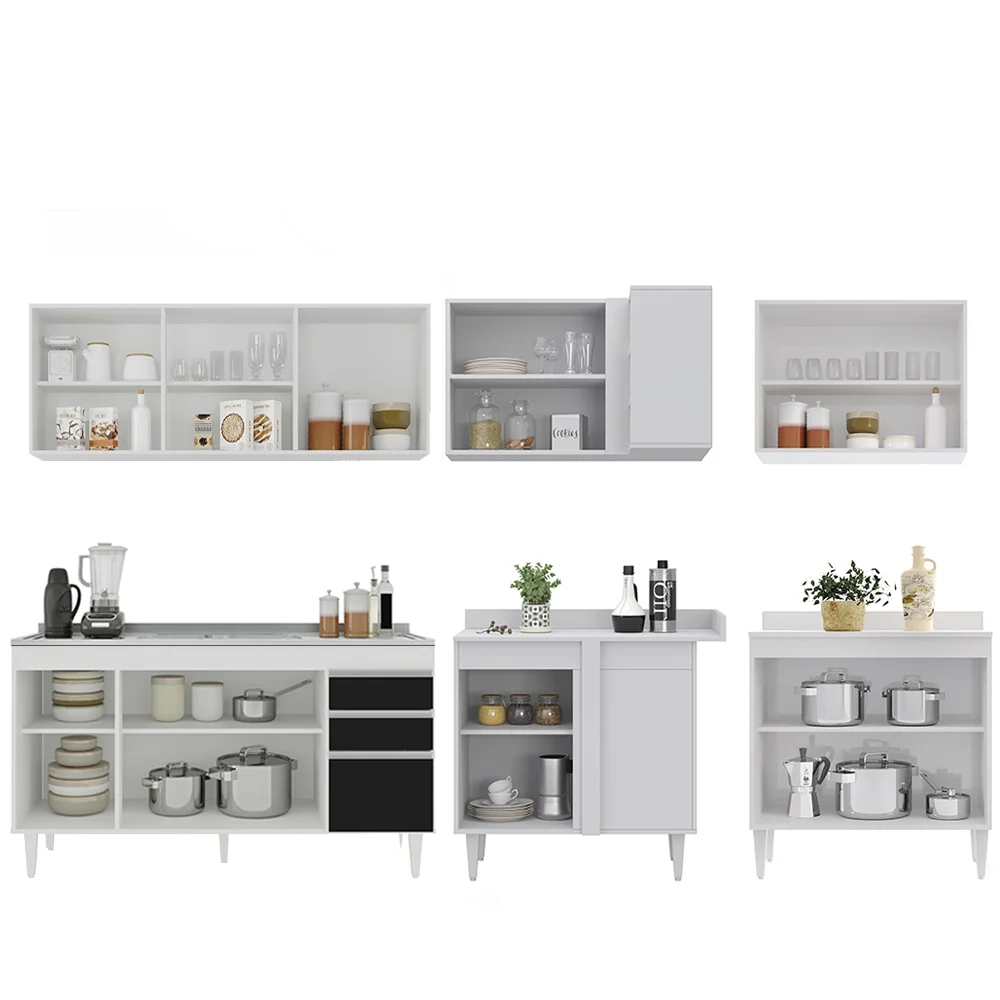 Armário de Cozinha Modulado de Canto 6 Peças CP33 com Pia Inox Branco/Preto - Lumil