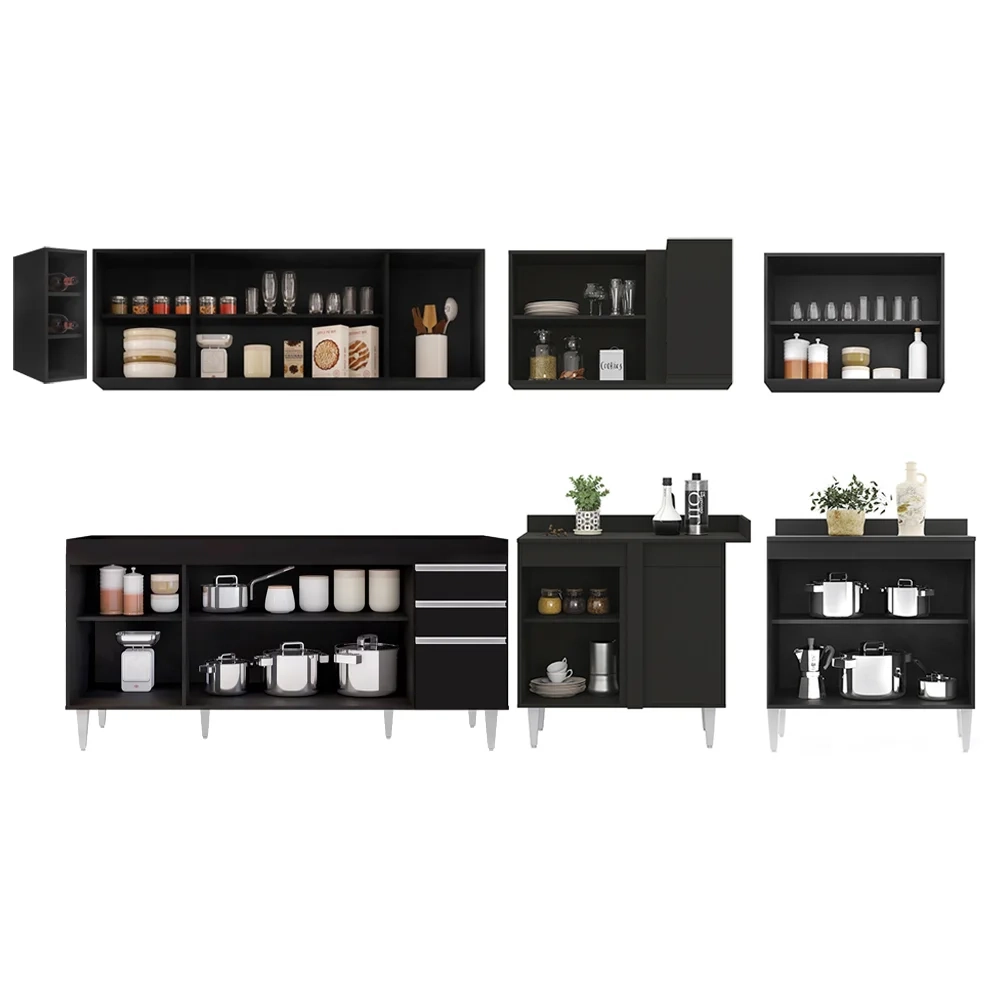 Armário de Cozinha Modulado de Canto 7 Peças CP34 Balcão sem Tampo Preto - Lumil
