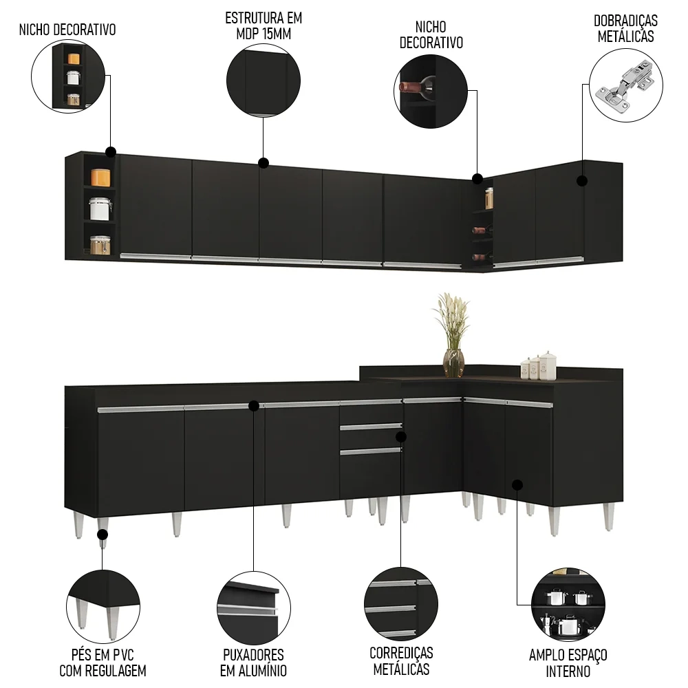 Armário de Cozinha Modulado de Canto 7 Peças CP34 Balcão sem Tampo Preto - Lumil
