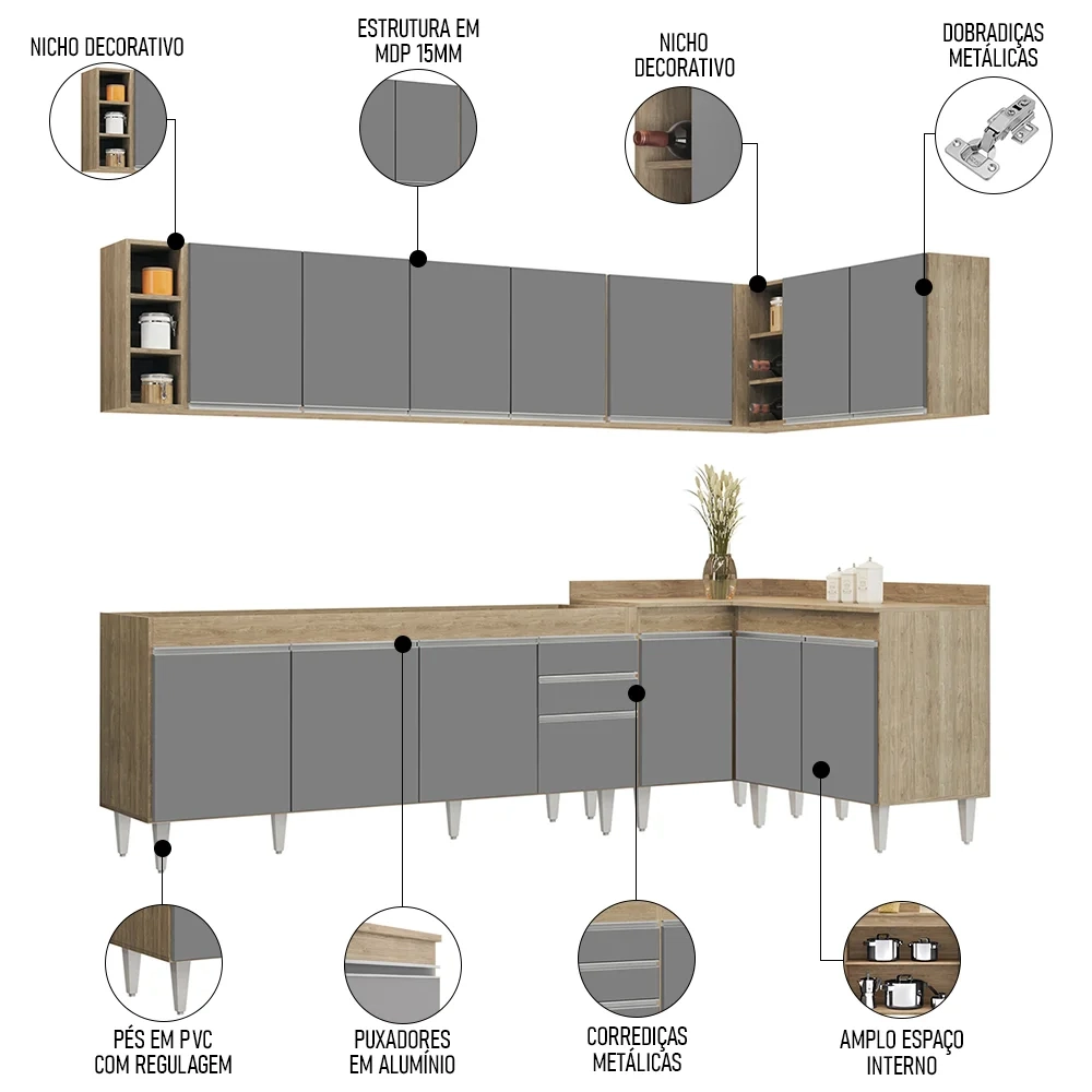 Armário de Cozinha Modulado de Canto 7 Peças CP34 Balcão sem Tampo Castanho/Cinza - Lumil