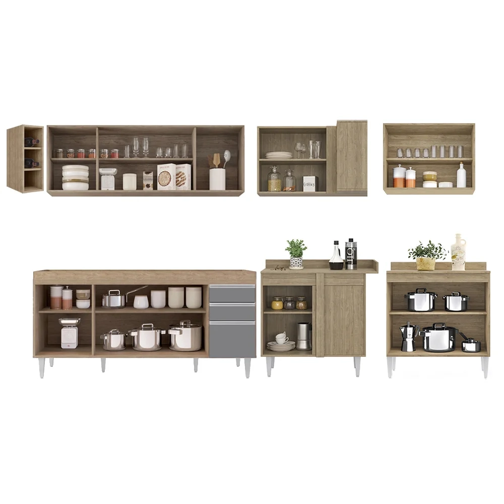 Armário de Cozinha Modulado de Canto 7 Peças CP34 Balcão sem Tampo Castanho/Cinza - Lumil
