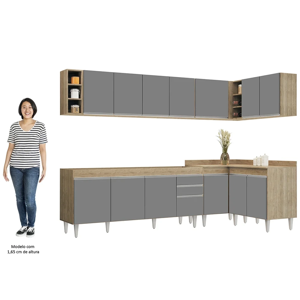 Armário de Cozinha Modulado de Canto 7 Peças CP34 Balcão sem Tampo Castanho/Cinza - Lumil