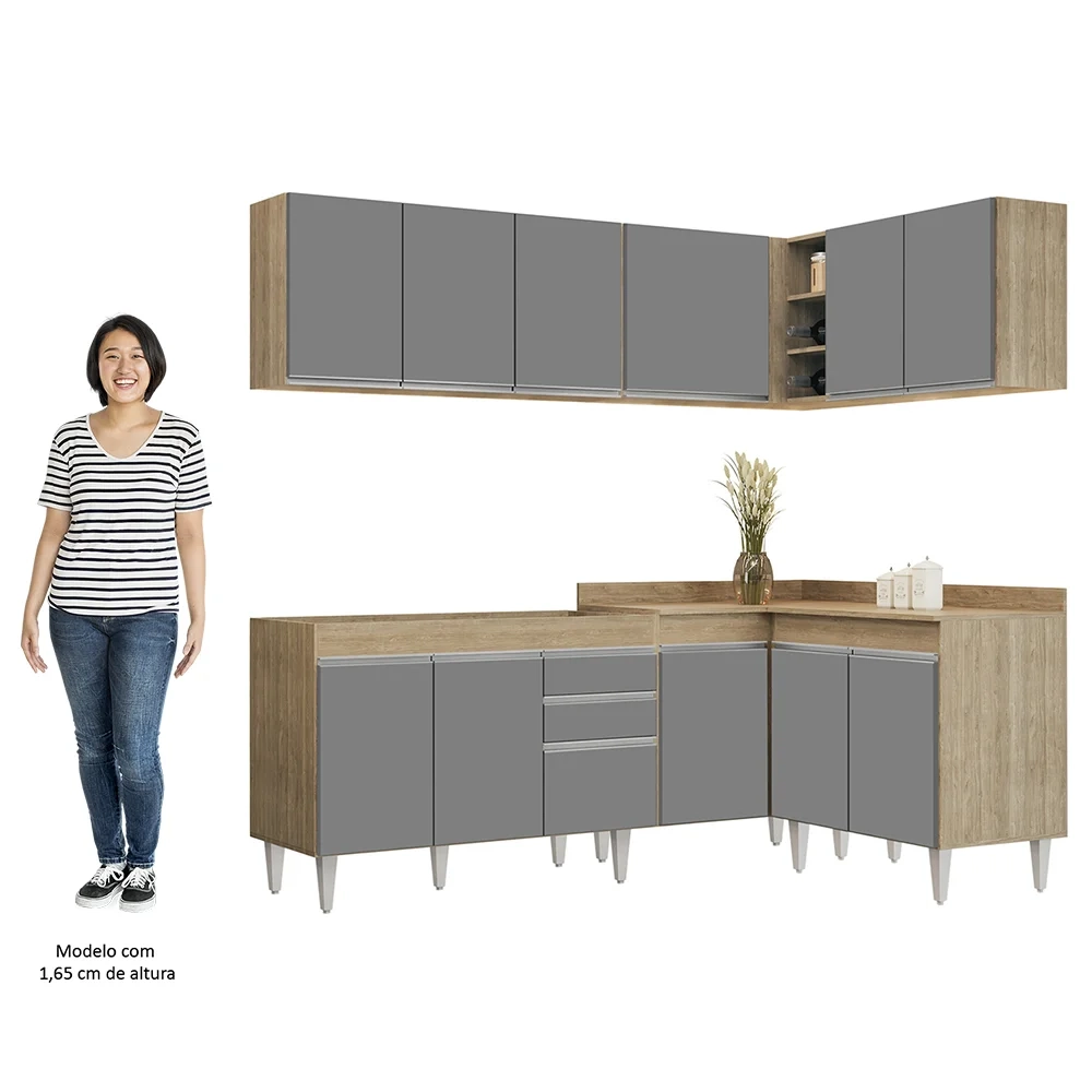 Armário de Cozinha Modulado de Canto 6 Peças CP28 Balcão sem Tampo Castanho/Cinza - Lumil