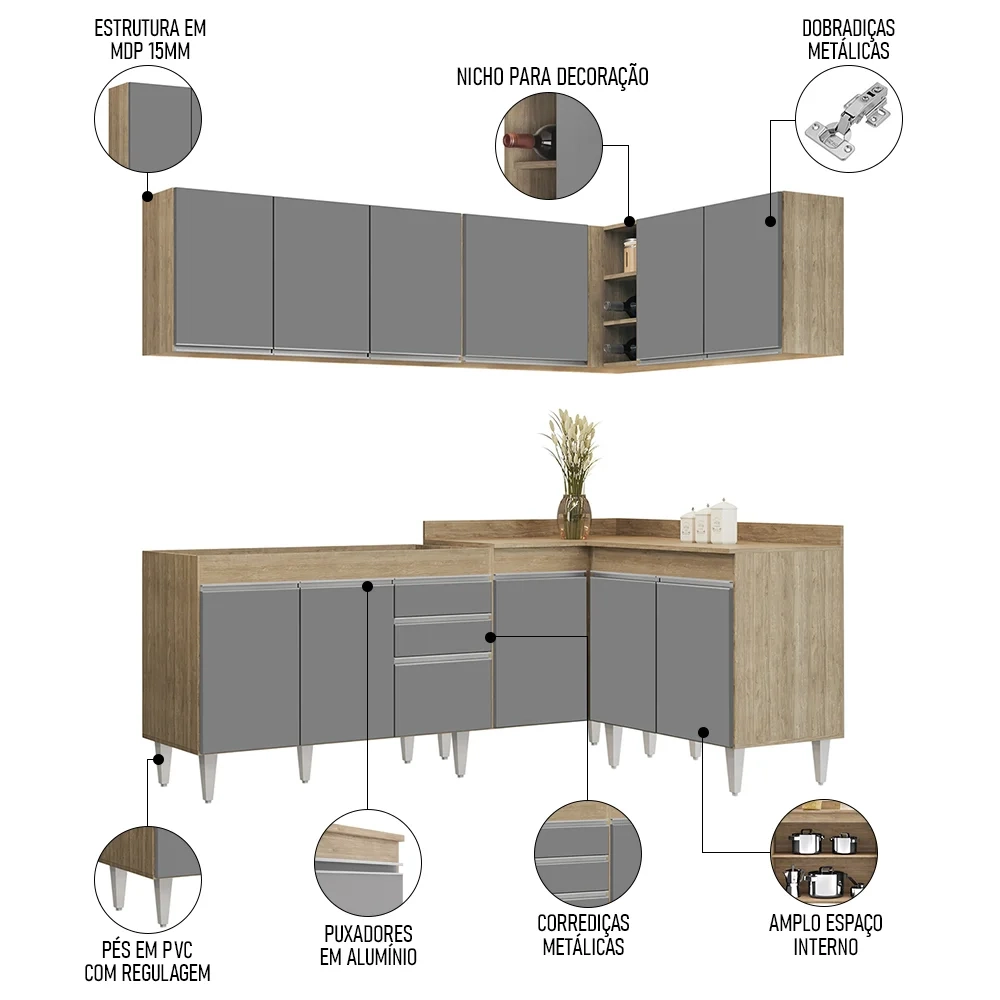 Armário de Cozinha Modulado de Canto 6 Peças CP28 Balcão sem Tampo Castanho/Cinza - Lumil