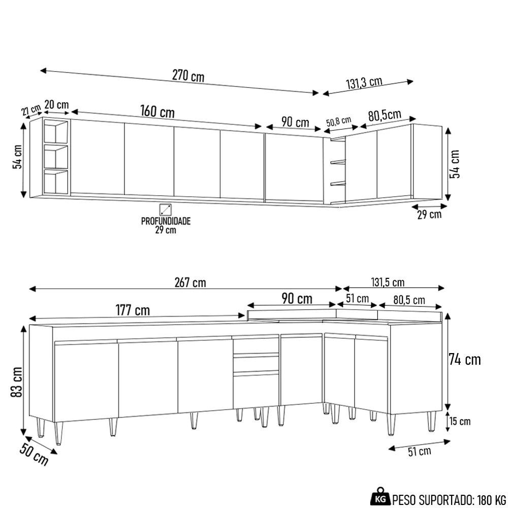 Armário de Cozinha Modulado de Canto 7 Peças CP34 Balcão sem Tampo Branco - Lumil
