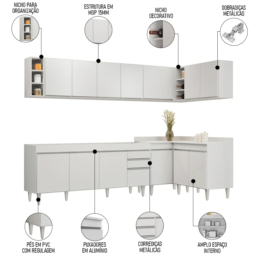 Armário de Cozinha Modulado de Canto 7 Peças CP34 Balcão sem Tampo Branco - Lumil