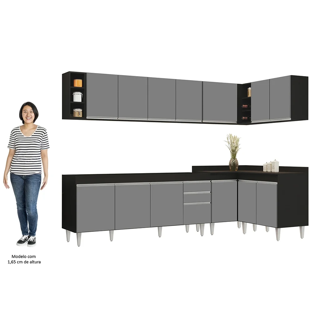 Armário de Cozinha Modulado de Canto 7 Peças CP34 Balcão sem Tampo Preto/Cinza - Lumil