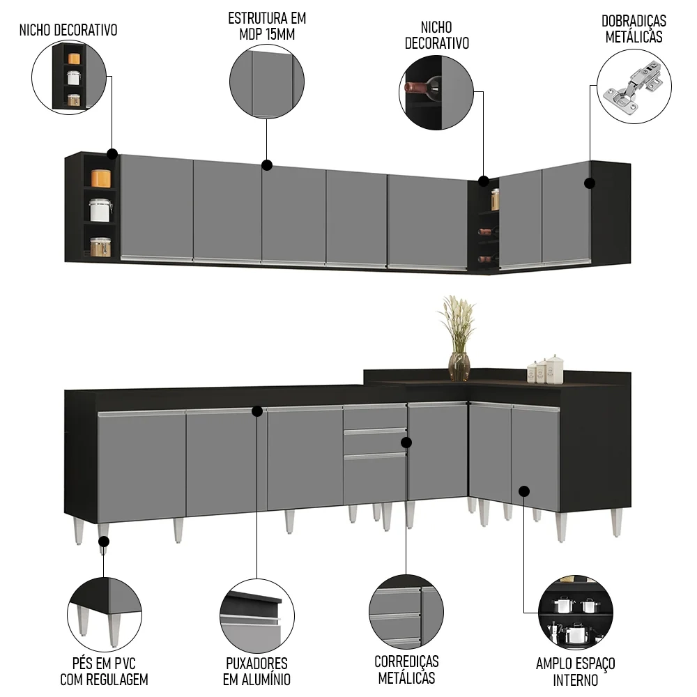Armário de Cozinha Modulado de Canto 7 Peças CP34 Balcão sem Tampo Preto/Cinza - Lumil