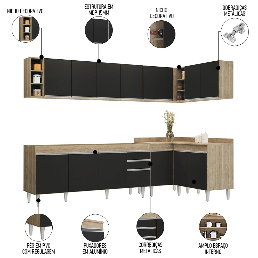 Armário de Cozinha Modulado de Canto 7 Peças CP34 Balcão sem Tampo Castanho/Preto - Lumil