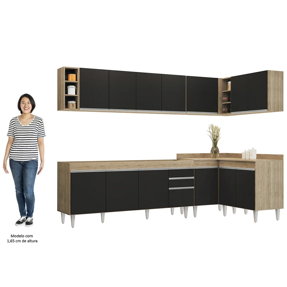 Armário de Cozinha Modulado de Canto 7 Peças CP34 Balcão sem Tampo Castanho/Preto - Lumil