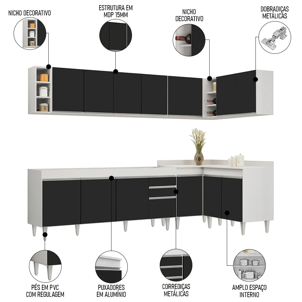 Armário de Cozinha Modulado de Canto 7 Peças CP34 Balcão sem Tampo Branco/Preto - Lumil