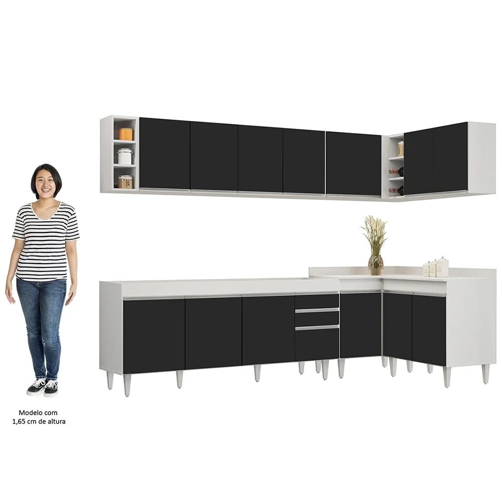 Armário de Cozinha Modulado de Canto 7 Peças CP34 Balcão sem Tampo Branco/Preto - Lumil