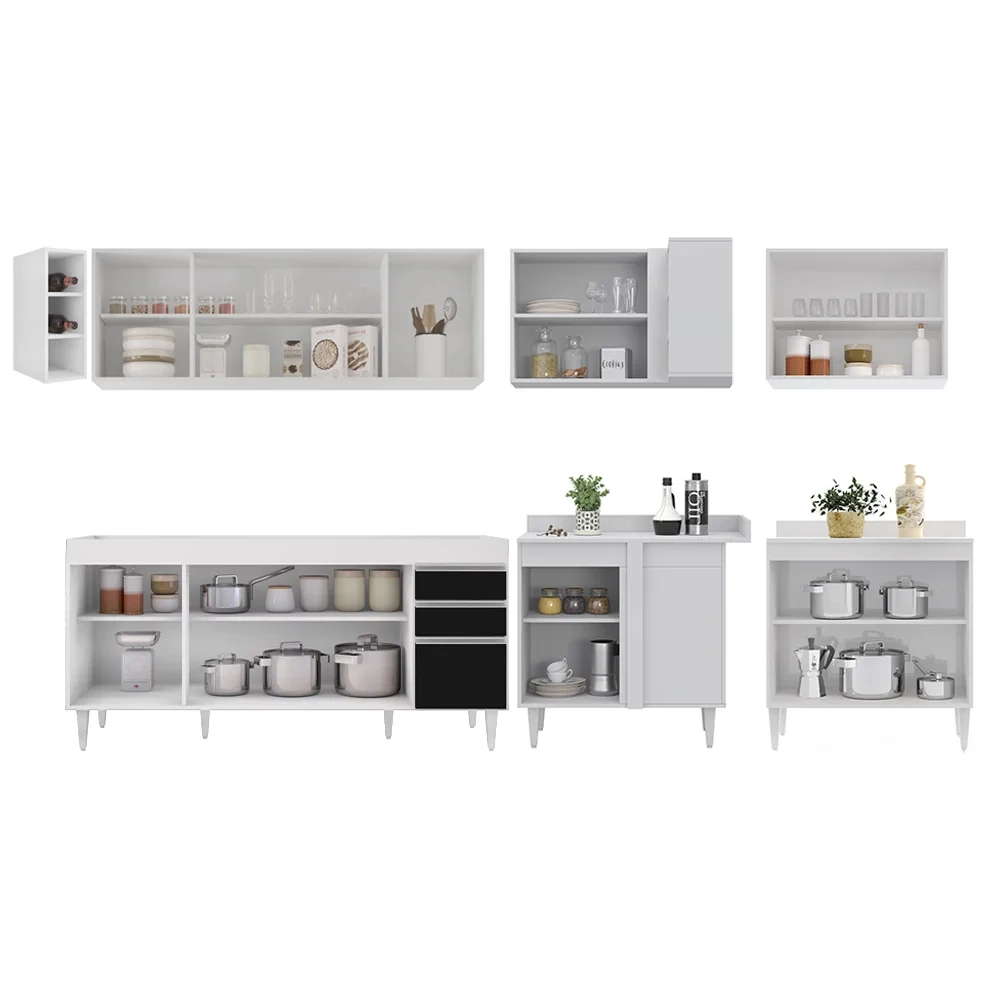 Armário de Cozinha Modulado de Canto 7 Peças CP34 Balcão sem Tampo Branco/Preto - Lumil