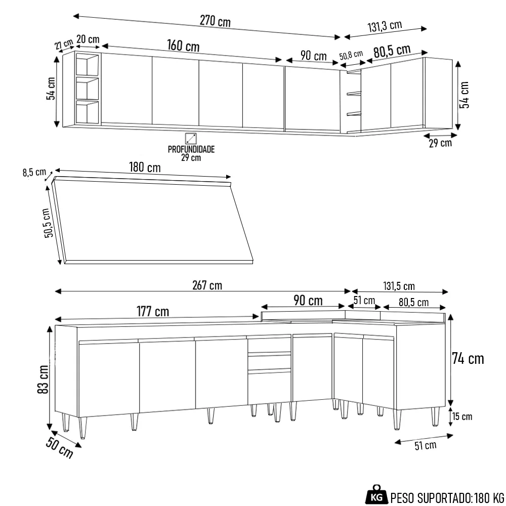 Armário de Cozinha Modulado de Canto 7 Peças CP35 Balcão com Tampo Preto - Lumil