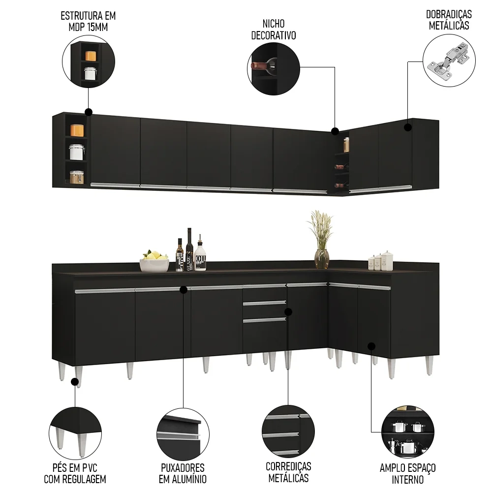 Armário de Cozinha Modulado de Canto 7 Peças CP35 Balcão com Tampo Preto - Lumil